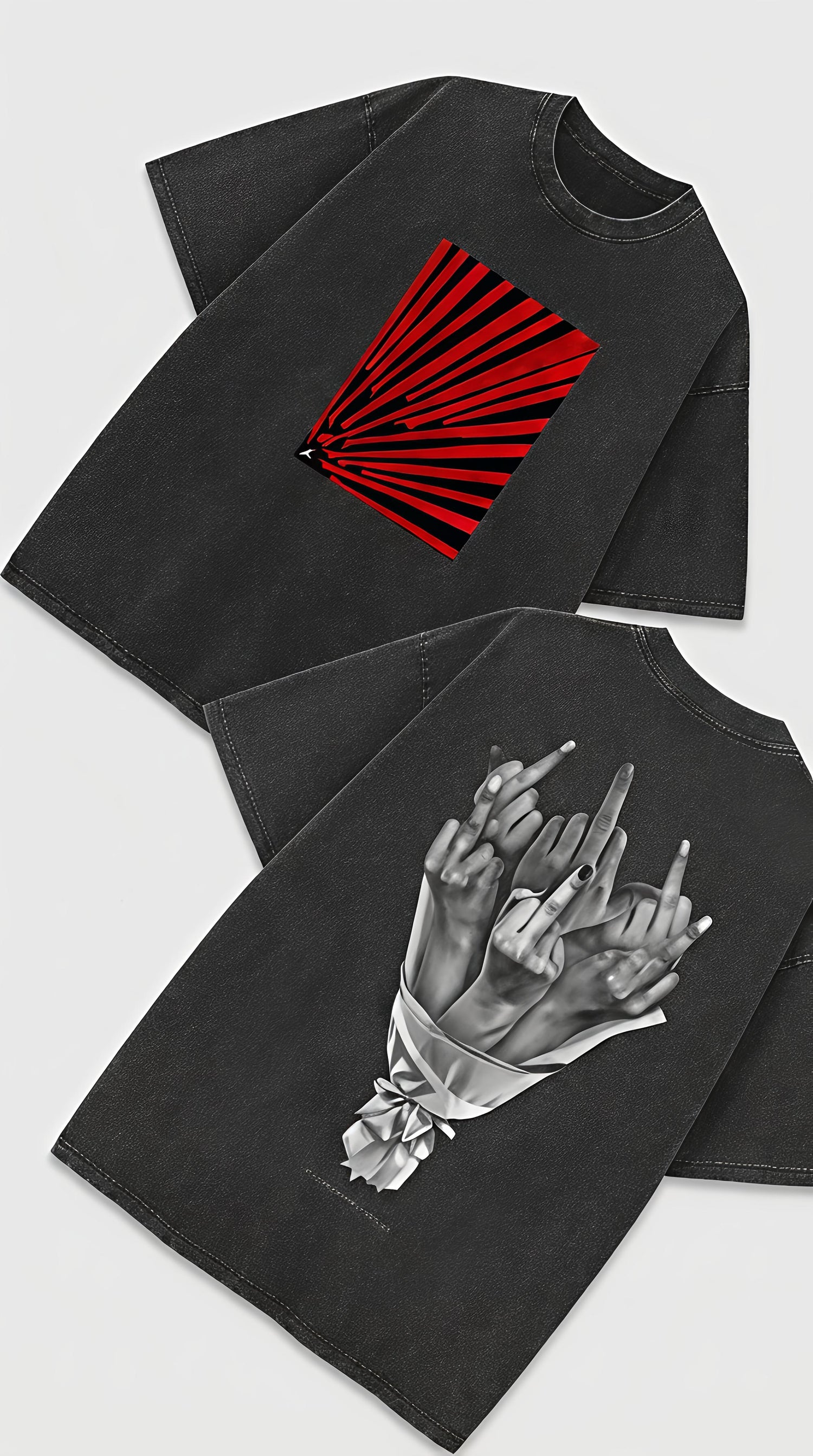 Red Abstract Finger - French Terry Cotton T-shirt.