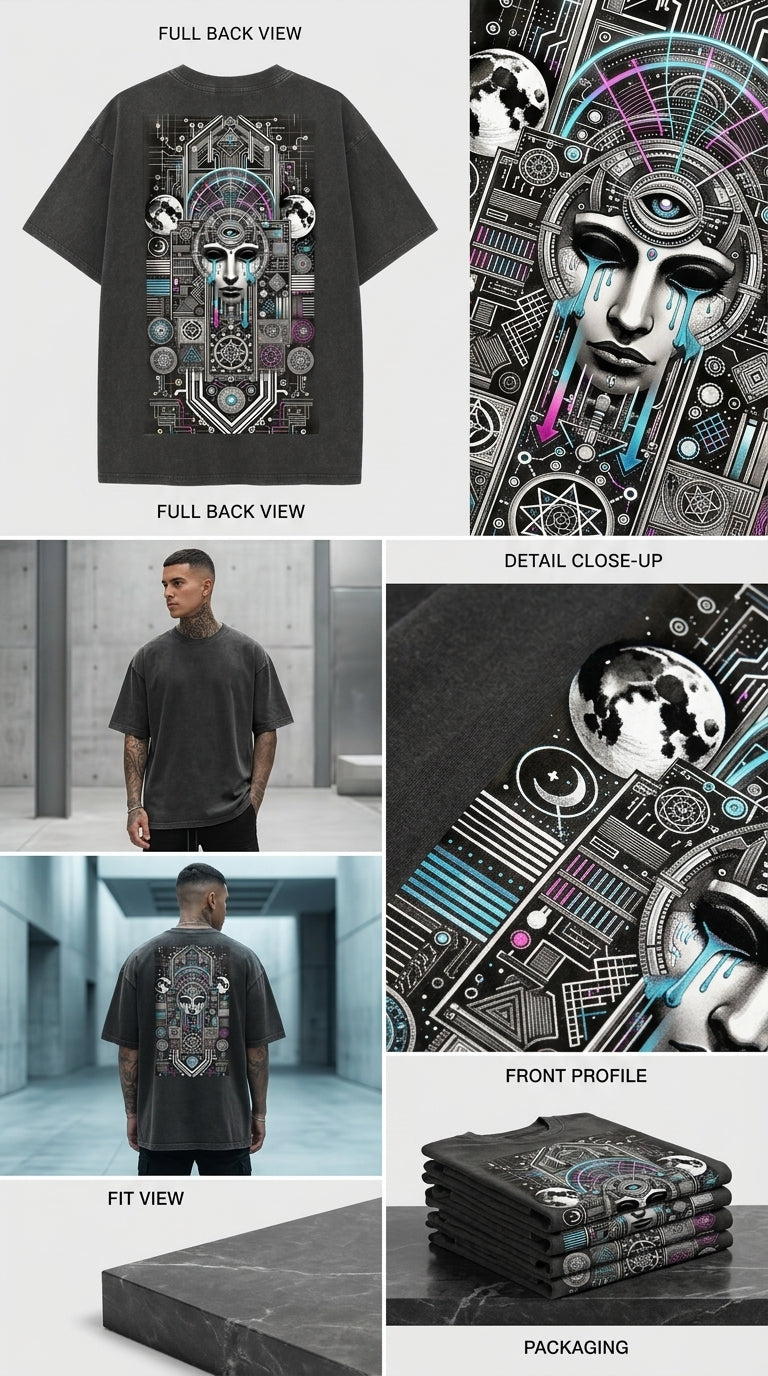 Cyber Mystic Face - French Terry Cotton T-shirt.