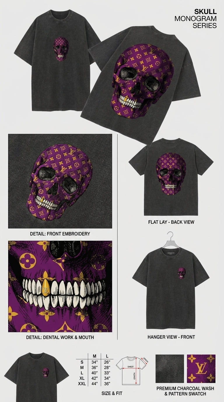 Purple LV Monogram Skull - French Terry Cotton T-shirt.