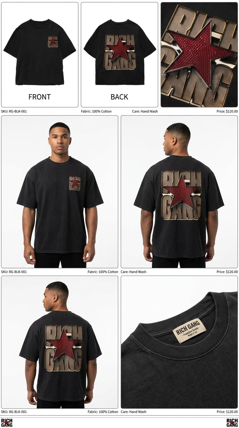 Rich Gang - All Black Cotton T-shirt (220 GSM).