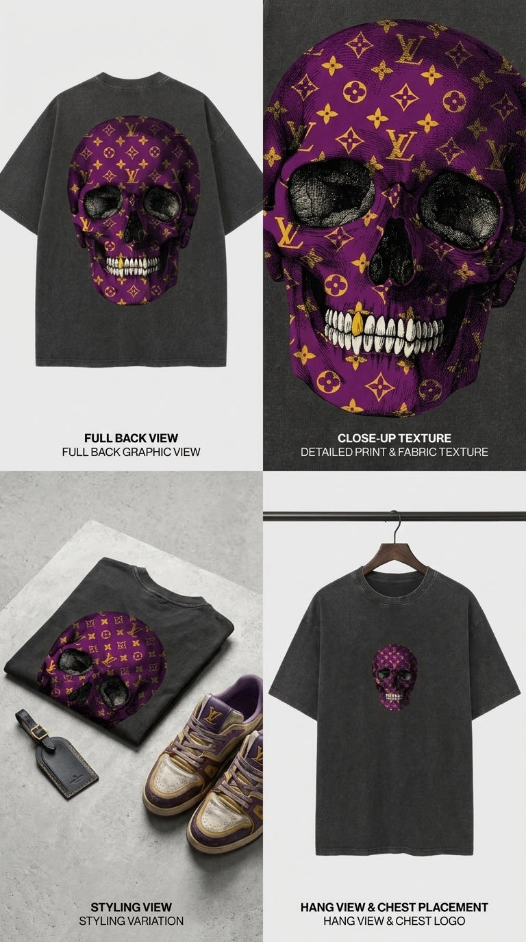 Purple LV Monogram Skull - French Terry Cotton T-shirt.