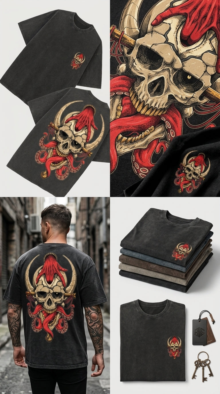 Horned Skull with Third Eye - French Terry Cotton T-shirt.