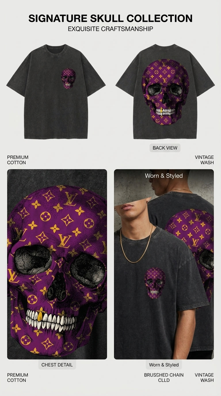 Purple LV Monogram Skull - French Terry Cotton T-shirt.