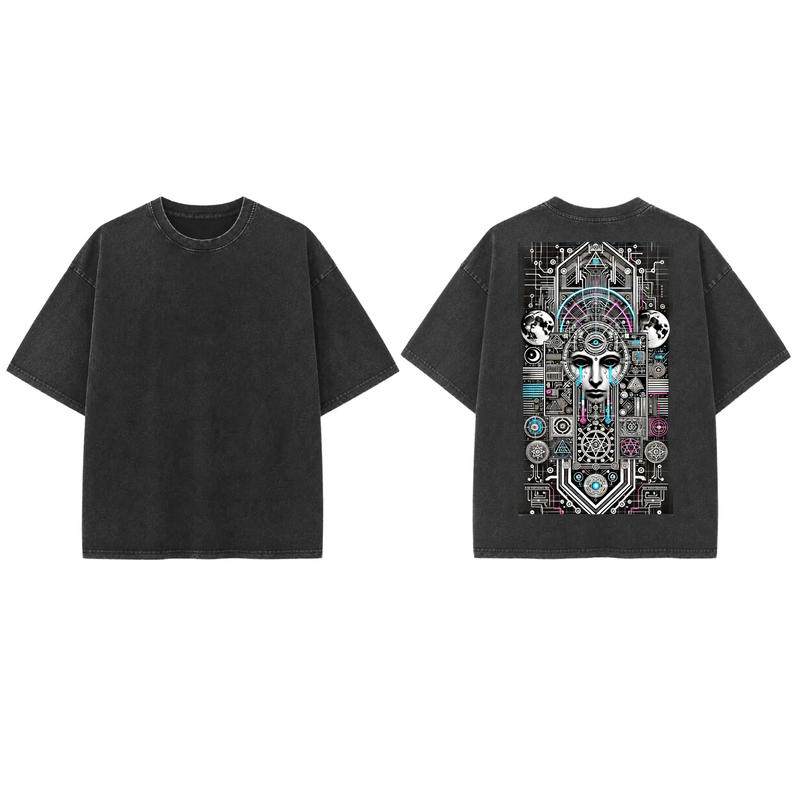 Cyber Mystic Face - French Terry Cotton T-shirt.