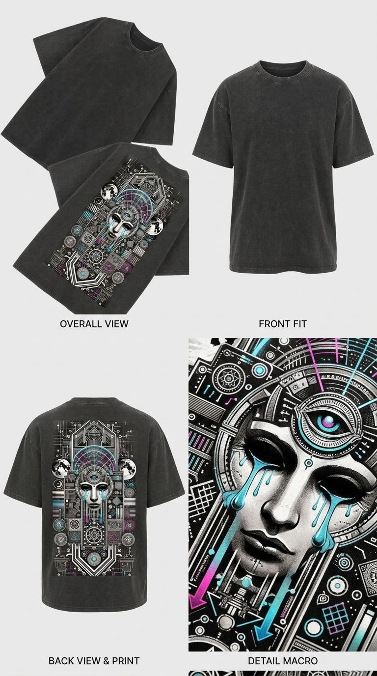 Cyber Mystic Face - French Terry Cotton T-shirt.