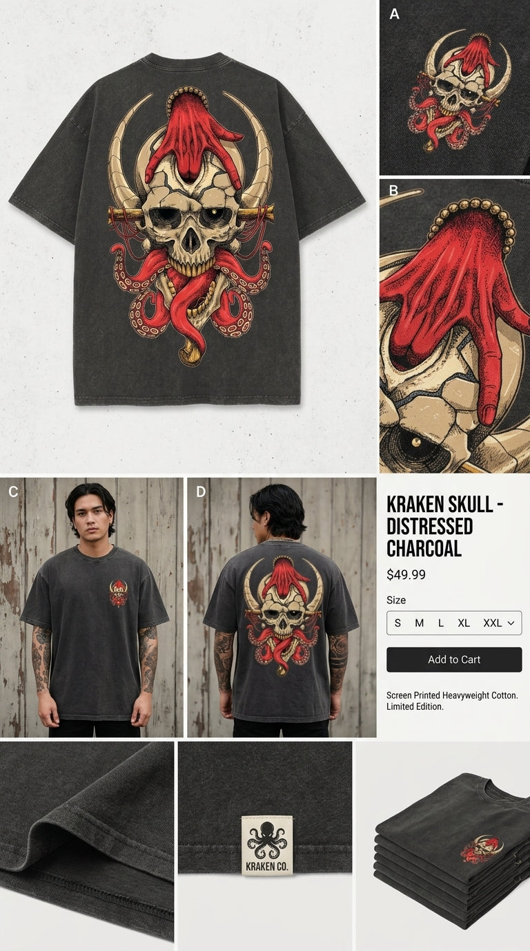 Horned Skull with Third Eye - French Terry Cotton T-shirt.