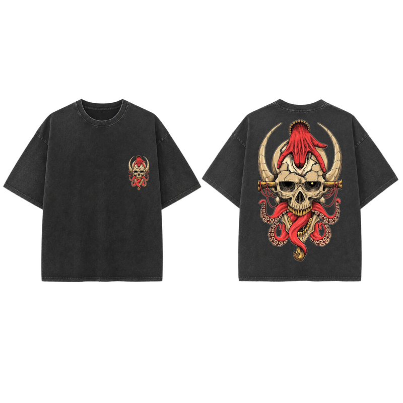 Horned Skull with Third Eye - French Terry Cotton T-shirt.