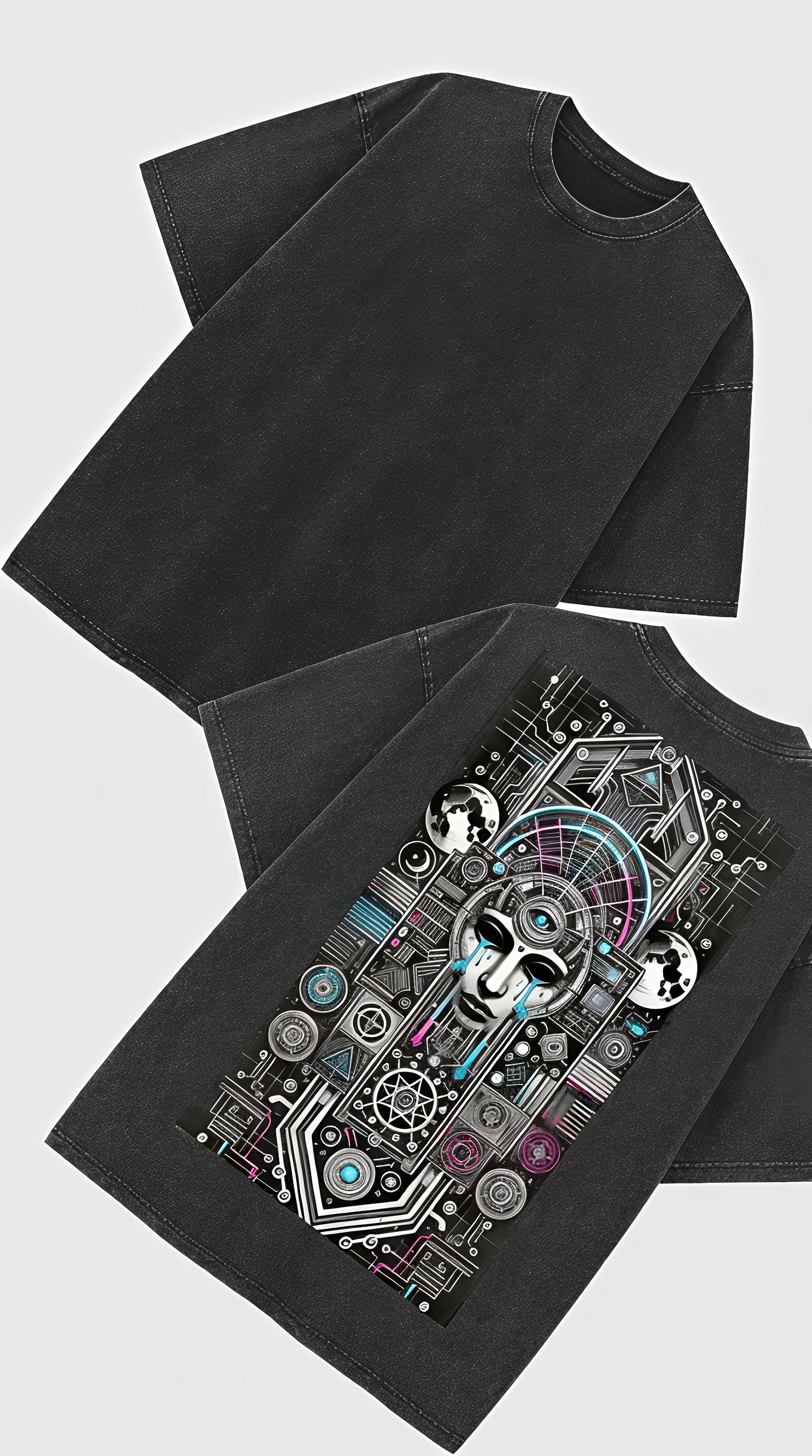 Cyber Mystic Face - French Terry Cotton T-shirt.